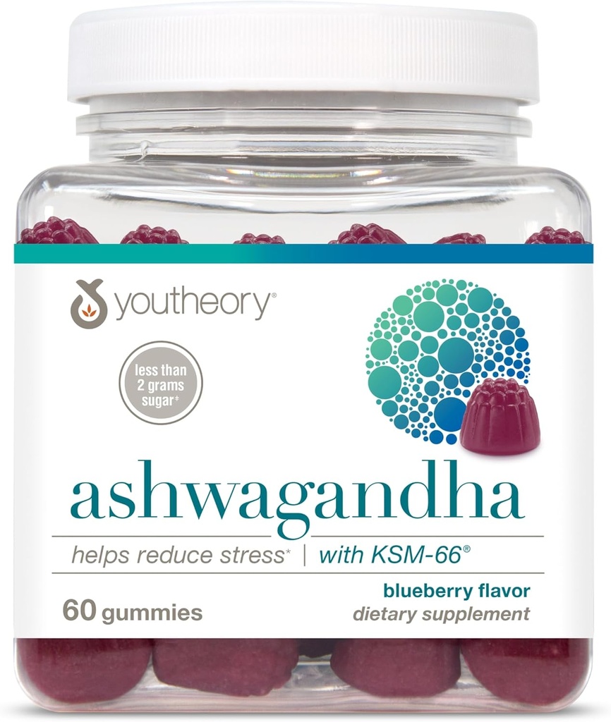 Youtheory Ashwagandha - Vejetaryen Enerji ve Stres Desteği Organik KSM-66 & Ginger Extract - Low Sugar - Blueberry, 60 Gummies (30-Day Supply)