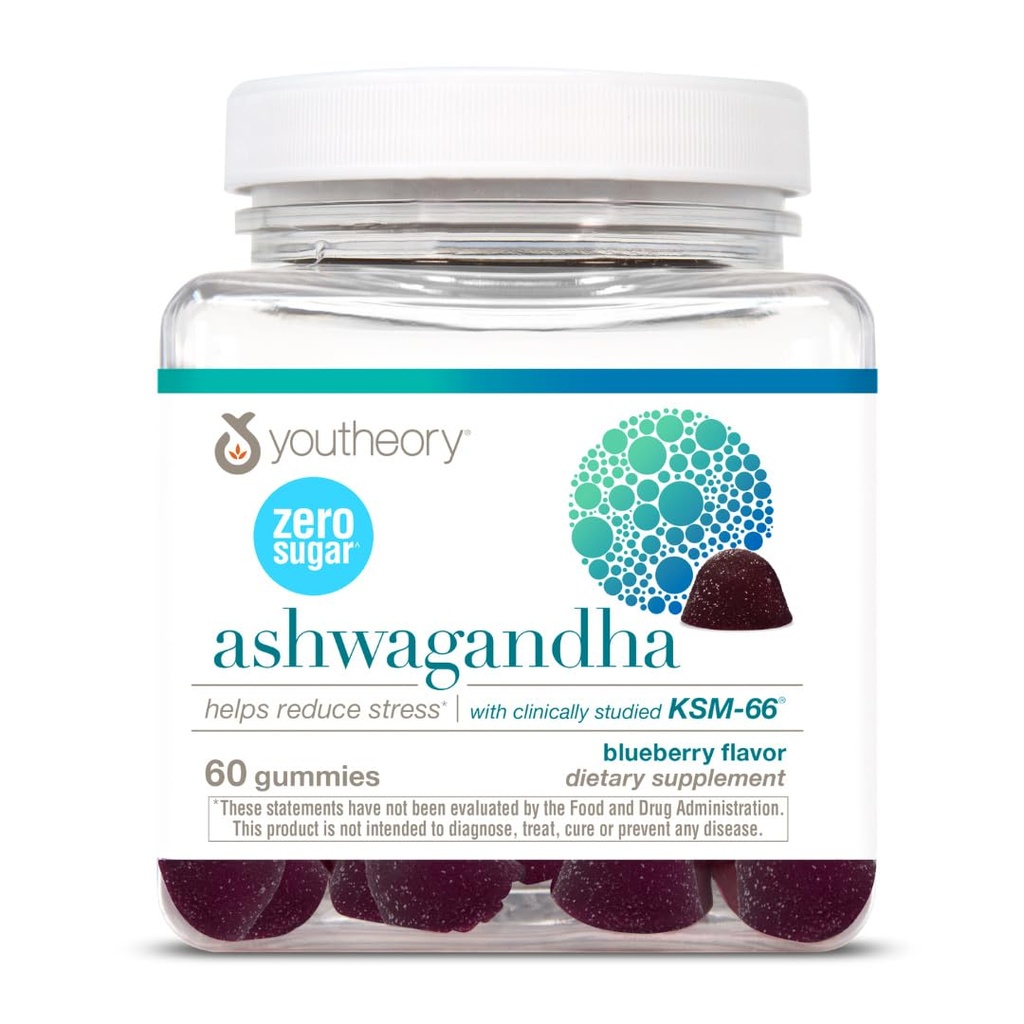 Youtheory Ashwagandha - Vejetaryen Enerji ve Stres Desteği Organik KSM-66 & Ginger Extract - Low Sugar - Blueberry, 60 Gummies (30-Day Supply)