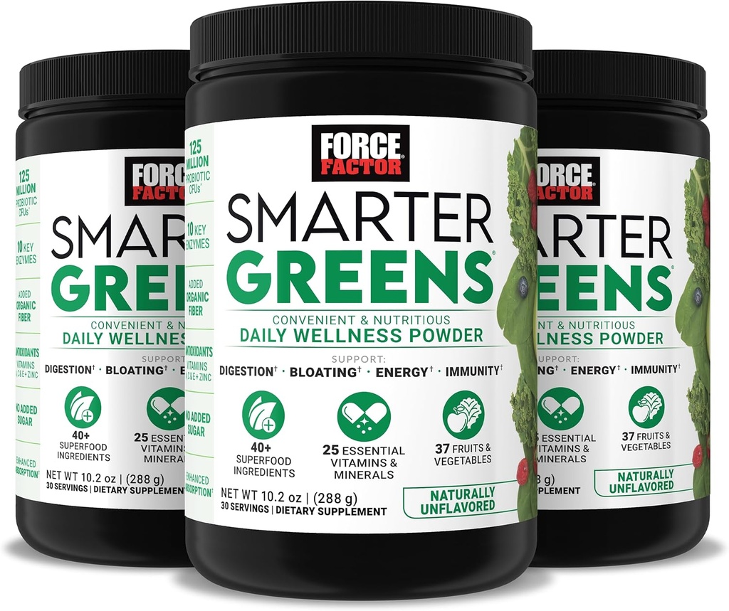 Force Factor Smarter Greens Daily Wellness Toz 3Pack Enerjiyi Desteklemek için, Immunity & Digestion, Greens Toz, Superfood Toz Vitamins, Minerals & Probiyotiks, Unflavored, 90 Hizmetler