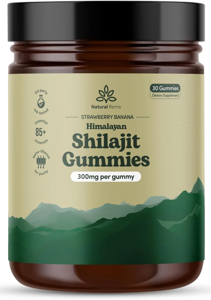 Doğal Rems Organik Shilajit Gummies for Men and Women - Lab Tested - ABD'de Made in ABD - Pure Himalaya Organik - Fulvic Acid - Energy and Focus - Holistic Health Supplements (Strawberry Banana)