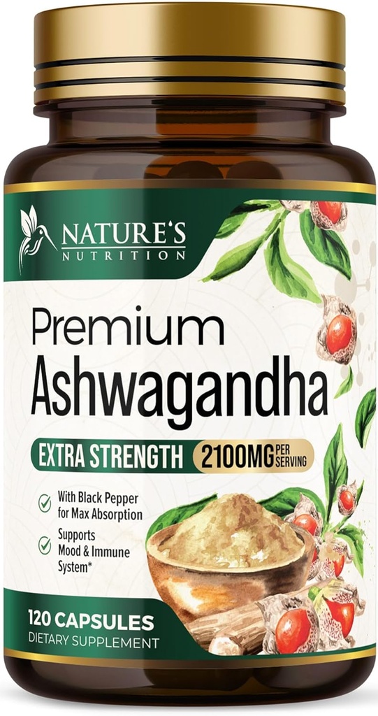 Ashwagandha Supplements - 2100 mg Ashwagandha Capsule for Women & Men, Natural Antioksi Support, Ashwa Root Extract, Extra Strength Calm Support with Black Pepper, Vegan & Gluten Free - 120 Capsules