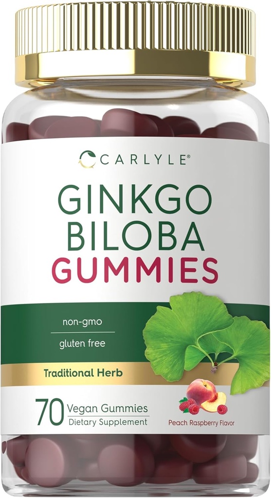 Carlyle Ginkgo Biloba 300 mg | 70 Gummies | 45:1 Leaf Extract | Peach Raspberry Flavor | Vegan, Non-GMO, Gluten Free Supplement Supplement