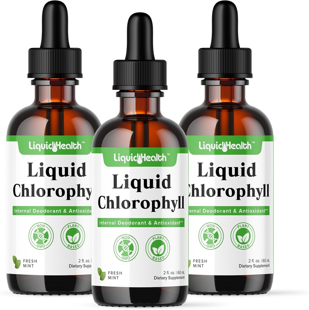 LIQUIDHEALTH Sıvı Klorophyll Drops - İç Deodorizer, Antioksis, Liver Detox, Immune Support, Relieve Bad Breath, Reduce Appetite, Collagen for Hair & Skin Health - Vegan, Non-GMO (3 Pack)