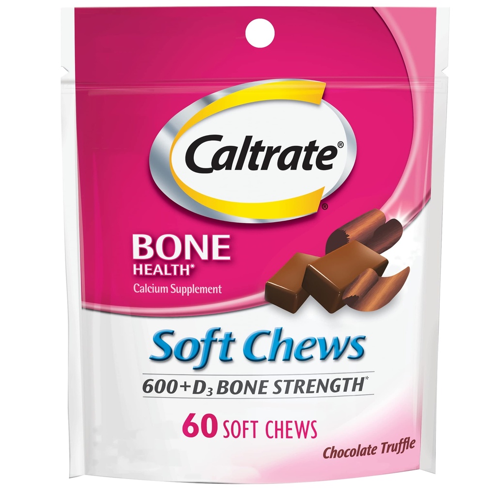 Caltrate Soft Chews 600 Plus D3 Macau Vitamin D Supplement, Chocolate Truffle - 60 Count