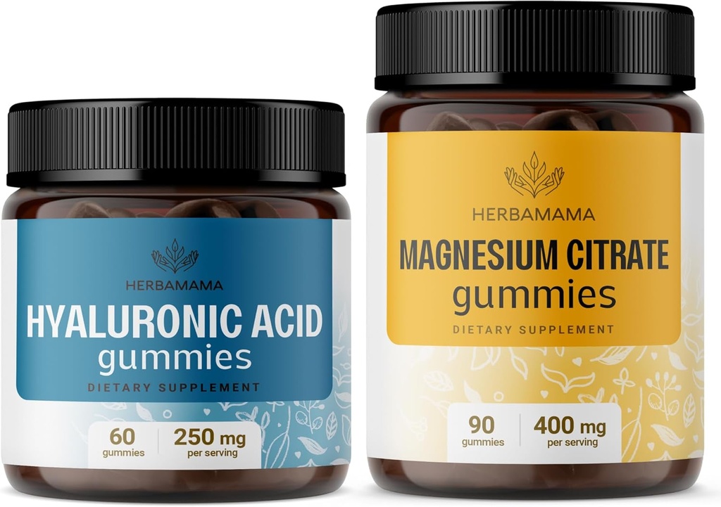HERBAMAMA Hyaluronic Acid ve Kit - 250 mg Hyaluronic Acid & 400 mg Magnezyum Citrate Gummies - Vegan, Non-GMO, Gelatin-Free - 2 Pack