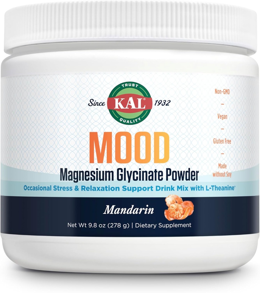 KAL Mood Magnezyum Toz L-Theanine - Mandarin Flavor Supplement - Rahatlama Desteği, Yüksek Absorpsiyon, Ek Olmayan Şeker, Vegan, Gluten Free, Made Without Soy - 40 Services, 9.8 ozz