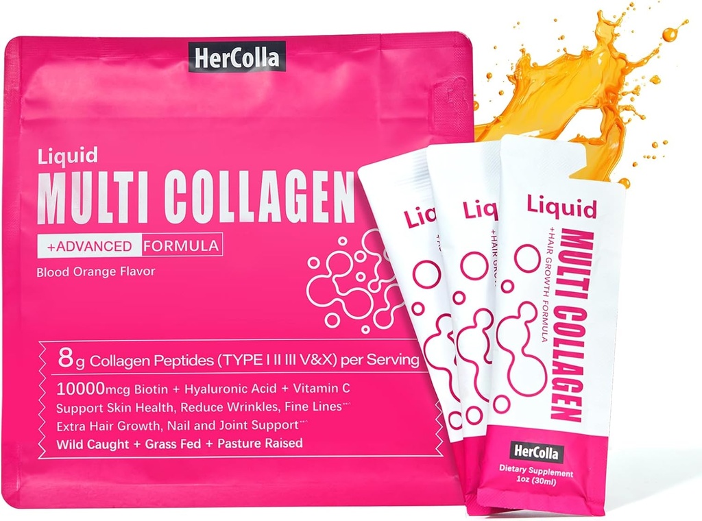 Kadınlar için sıvı Collagen, 10000mcg Biotin, 8000 mg Multi Type Collagen,, Hyaluronic Asit, C, Skin, Nail, Hair Supplement, Orange Flavor, 10 Fl oz. (1 Pack, Orange)