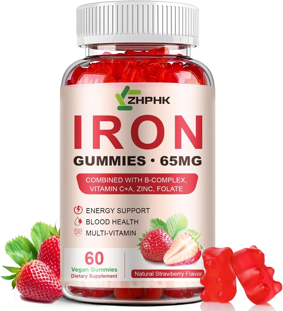 Demir Supplement Gummies, 65 mg Demir ve 250 mg Kadınlar için C vitamini, Doğal Vegan Demir Gummy A, B-Complex, Biotin, çinko & Folate Energy Support & Immune Health, 60 Gummies