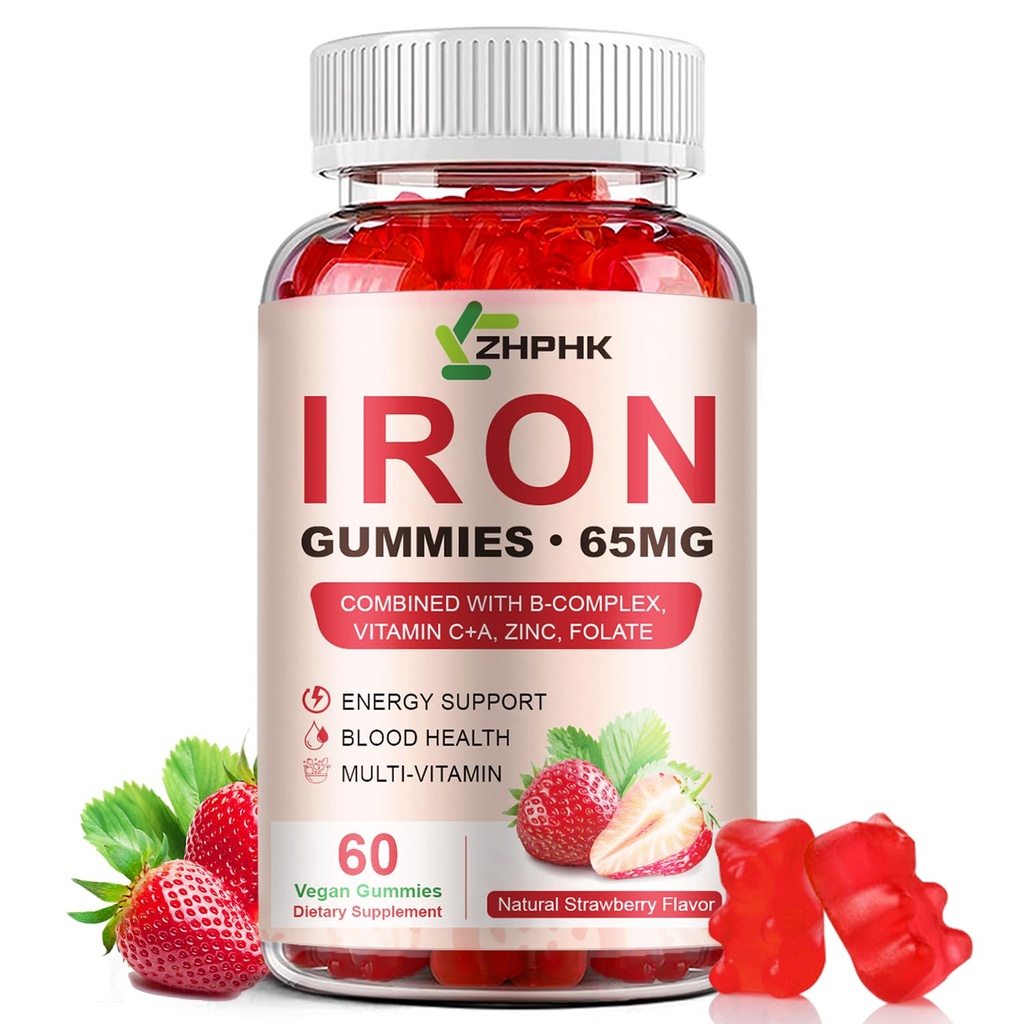 Demir Supplement Gummies, 65 mg Demir ve 250 mg Kadınlar için C vitamini, Doğal Vegan Demir Gummy A, B-Complex, Biotin, çinko & Folate Energy Support & Immune Health, 60 Gummies