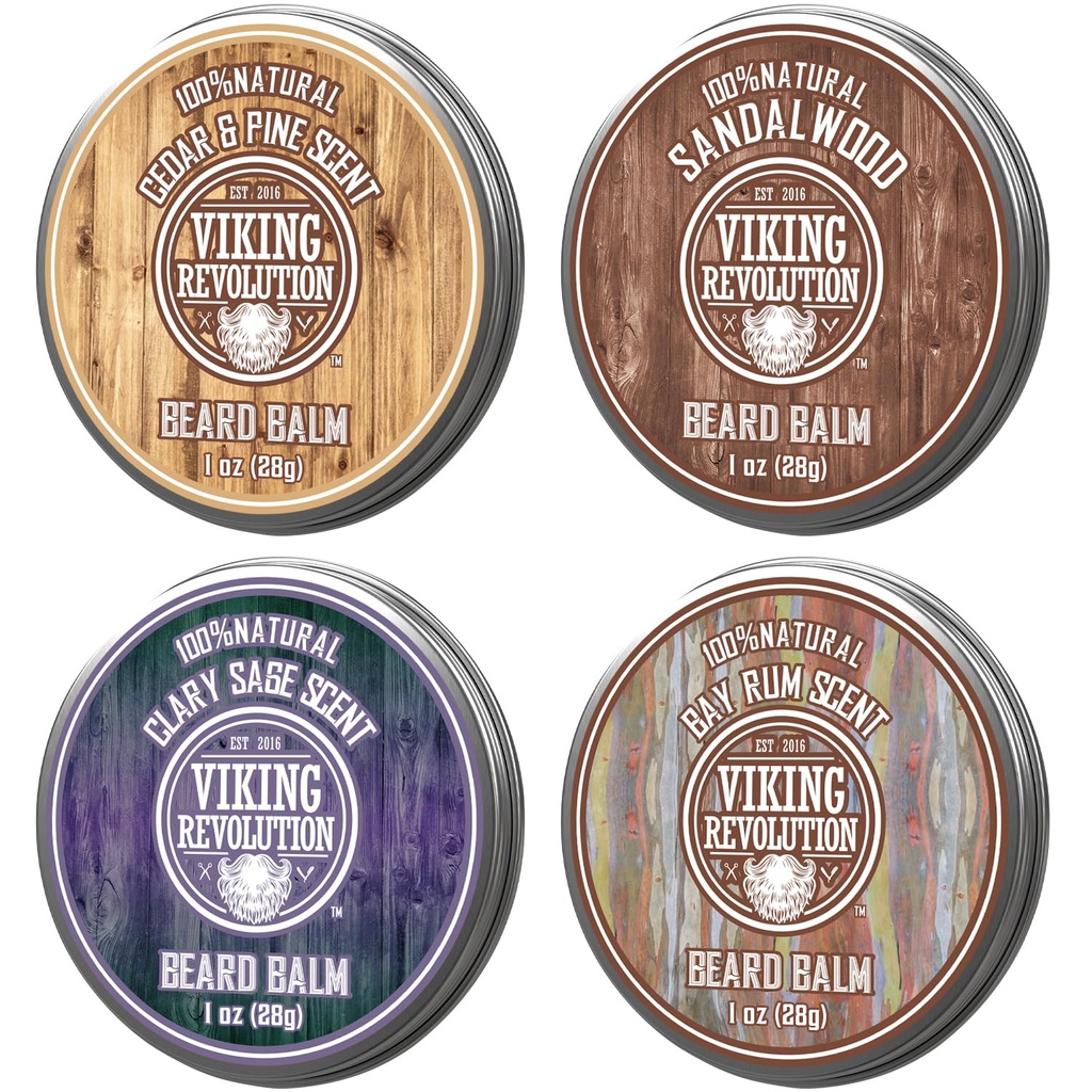 Viking Revolution 4 Beard Balm Variety Pack (1oz Each) - Sandalwood, Pine & Cedar, Bay Rum, Clary Sage - Styles, Strengens and Softens Beards and Mustaches - Wax for Men