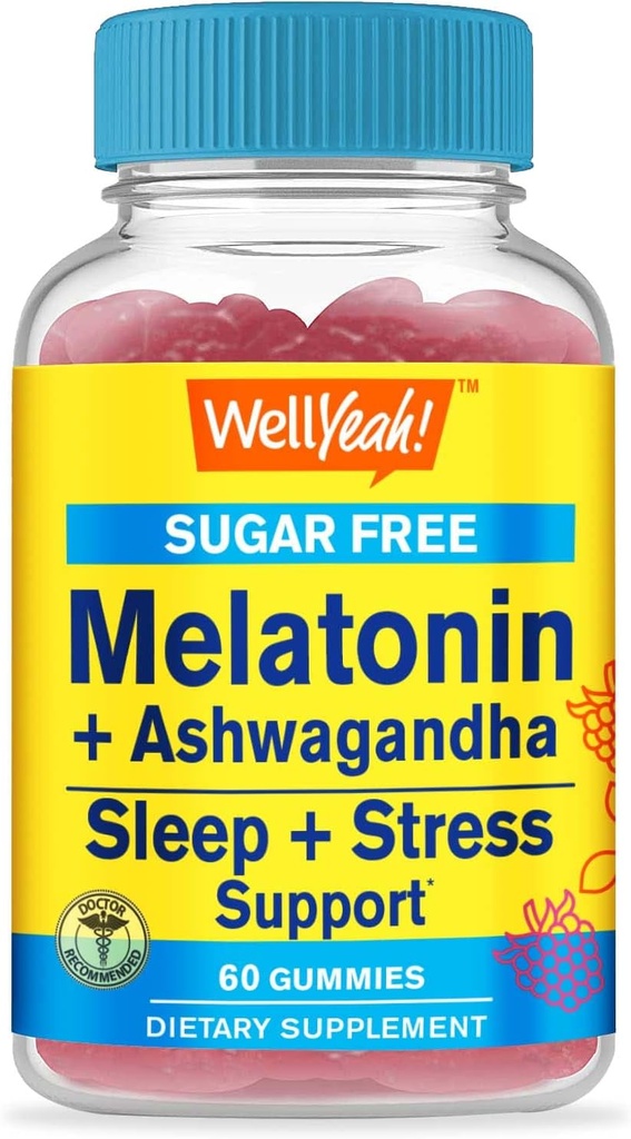 WellEvet Melatonin (2 mg) Ashwagandha (850 mg) Sugar Free Gummies - Sleep & Stress Aid Supplement - Chamomile, Lemon Balm, Lavender, ve Valerian - Natural Sourced Flavor - 60 Kont