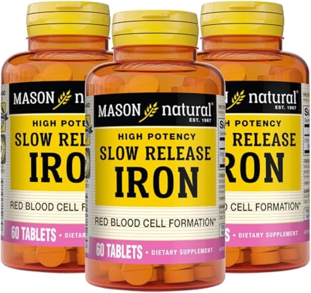 Mason Natural Slow, Release Iron (Ferrous Sulfate) 50 mg δισκία, 180 ημέρες προσφοράς, High Potency Supplement, Gentle on Stomach, 3 Pack