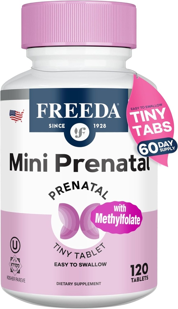 FREEDA Mini Προγεννητική Βιταμίνη - Kosher Προγεννητικά - Tiny Easy to Swallow Tablets - Προγεννητικές Βιταμίνες με Σιδήρο, Προγεννητικό Φολικό Οξύ/Φολικό, Βιταμίνη D - Pre Natal Multivitamin για Έγκυες Γυναίκες (120)