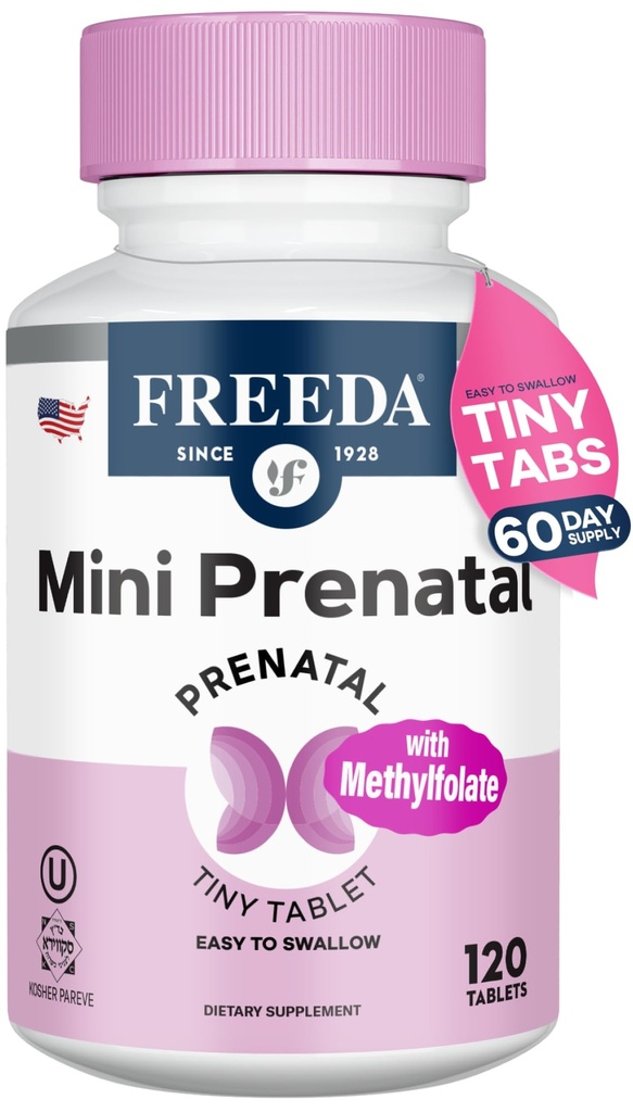 FREEDA Mini Prenatal Vitamin - Kosher Prenatals - Swallow Tabletlerine Kolay - Demir ile Prenatal Vitaminler, Prenatal Folic Asit /Folate, D - Pre Natal Multivitamin for Hamile Kadınlar için (120)
