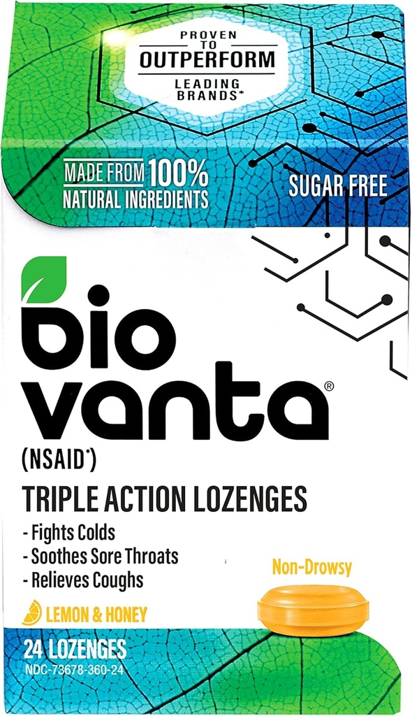 Biovanta Natural Materialss Sugar-Free Lozenges for Cough, Cold and Sore Throat, 24 Lemon Honey Throat Lozenges