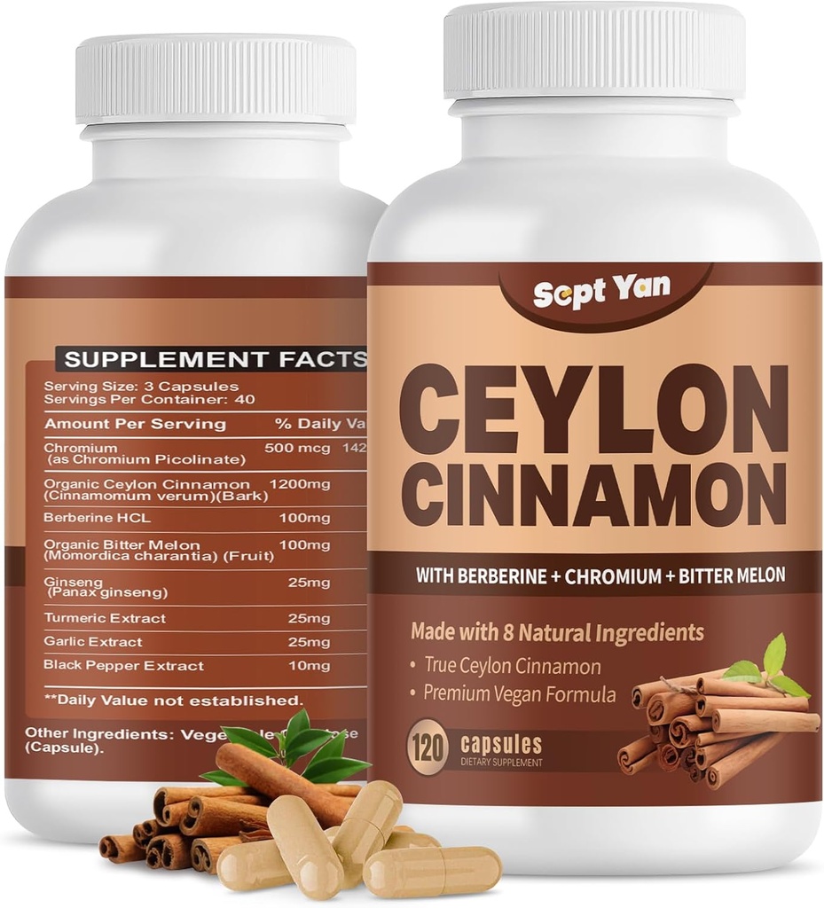 Ceylon Cinnamon Capsules 1200 mg Cinnamon Bark Supplements with Chromium, Berberine HCL & Turmeric, Vegan, 120 Capsules, Enerji, Metabolism, Heart & Immune Support