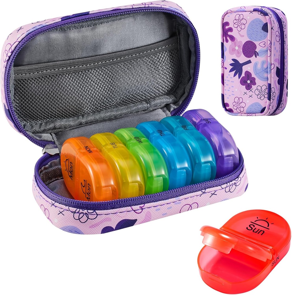 Serfeymi Weekly Travel Pill Organizer 2 φορές A Day AM PM Αναβάθμιση του κιβωτίου χαπιών Rainbow 7 Ημέρα με Φορητή θήκη χαπιών από δέρμα Zipper PU, Οργανωτής Ιατρικής για χάπια, βιταμίνες, ιχθυέλαια - Μωβ 02