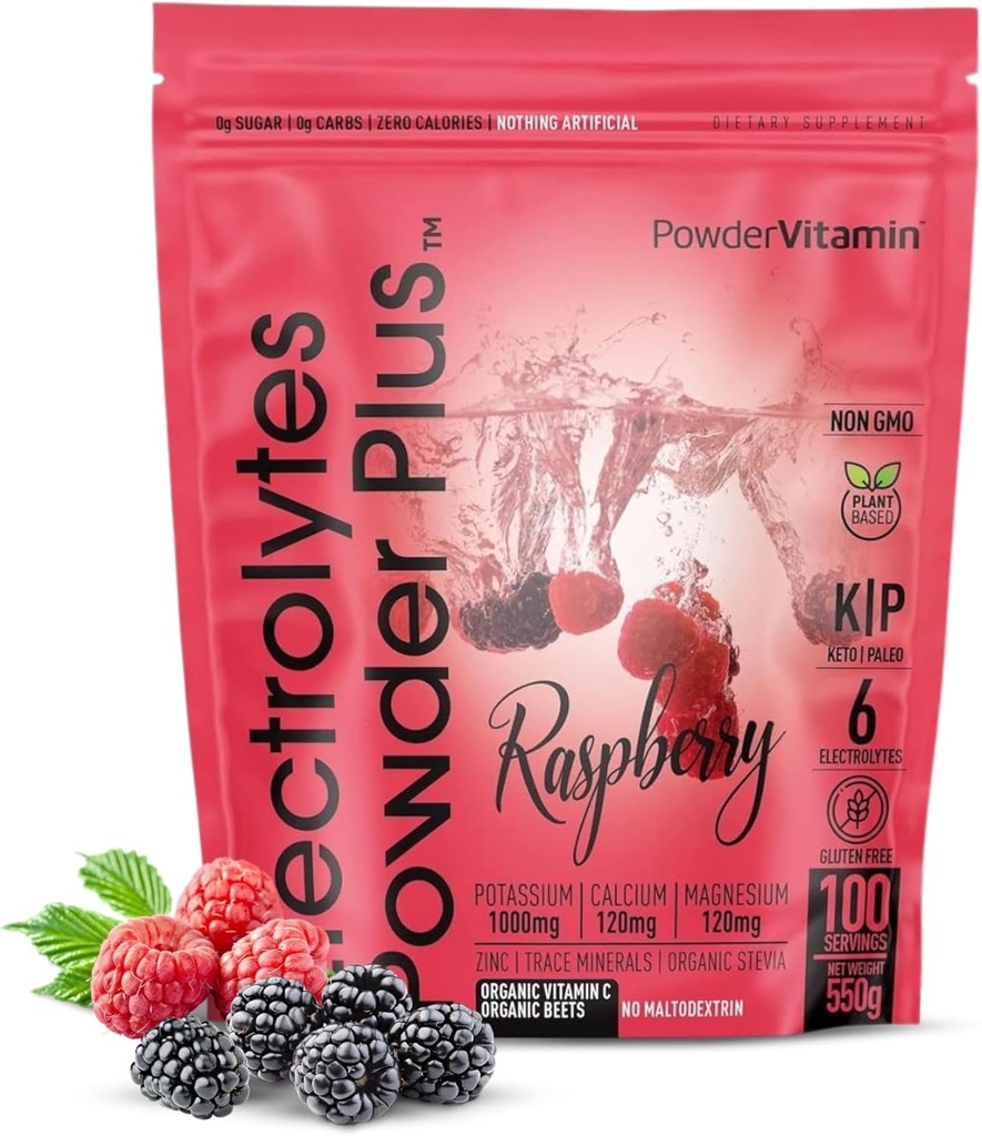 PowderVitamin Ηλεκτρολυτές σκόνης Plus (100 σέρβις) Βατόμουρο Ηλεκτρολύτη σκόνη, Zero θερμίδες, Κέτο, 0 Ζάχαρη, Όχι Μαλτοδεξτρίνη, 1000mg Κάλιο, 120mg Ασβέστιο, 120mg Μαγνήσιο, Ενυδατική σκόνη ενέργειας