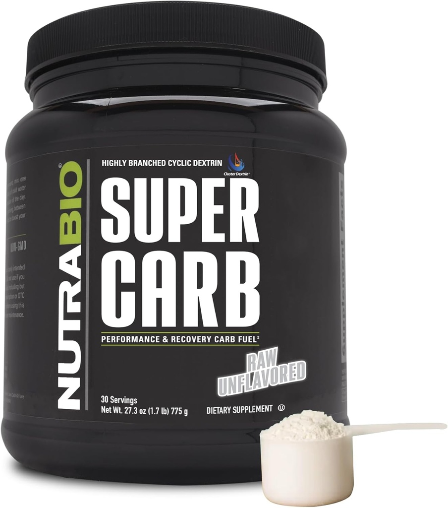 NutraBio Super Carb, Carbohydrate Powder with Cluster Dextrin & Electrolytes, Advanced Carb Supplement Powder for Workout Fuel, Performance, and Muscle Recovery, Κυκλικό Dextrin, Unflaved, 30 Sv