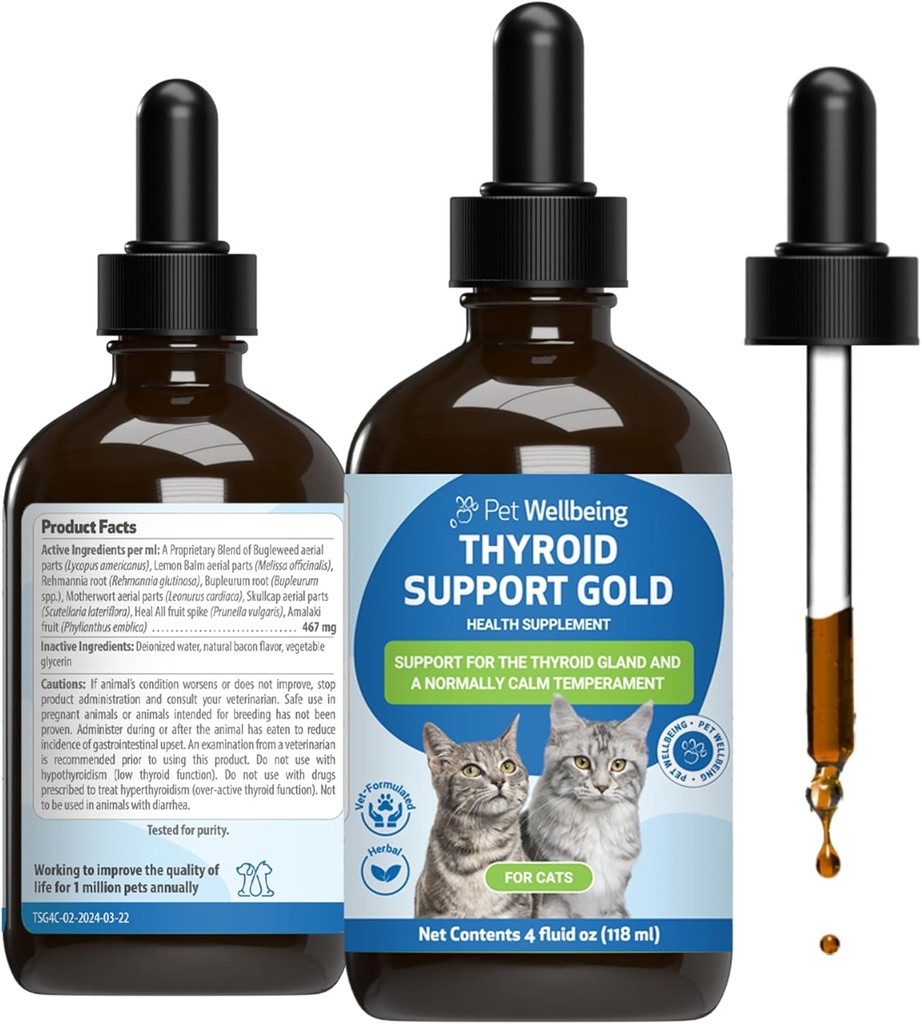 Pet Wellness Yourroid Support Gold for Cats - Supports Health Yourroid Gland Function in Cats, Normal Metabolism, Bugleweed, Lemon Balm - Veterinarian-Formated Herbal Supplement 4 fl oz (118 ml)