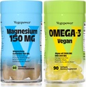 Vegan Omega-3 + Magnezyum Gummies | Algae Omega-3 800 mg DHA Supplements for Brain, Heart Eyes Health- 90 | 150 mg Magnezyum Citrate Gummies for Yetişkinler and Kids Calm Sleep, Relaxation