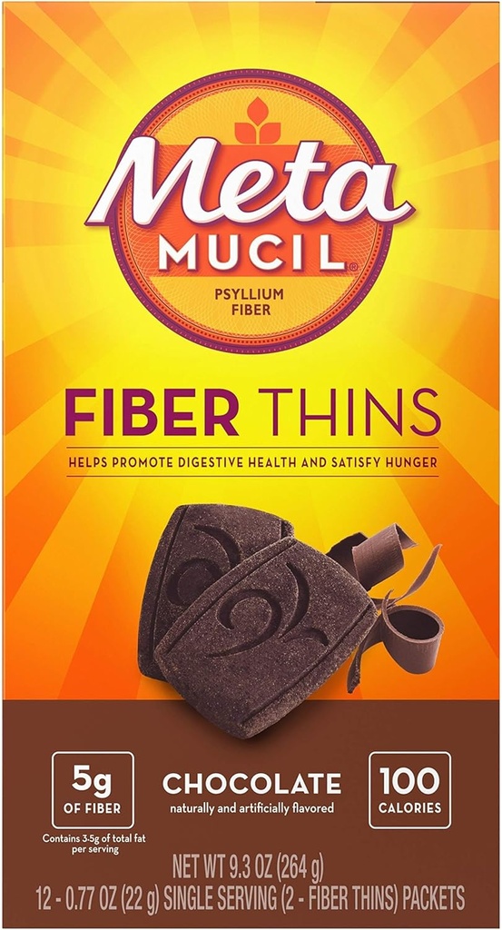 Metamucil Fiber Thins, Psyllium Husk Fiber Supplement, Digestive Health Support and Satisfy Hunger, Σοκολάτα Γεύση, 12 υπηρεσίες