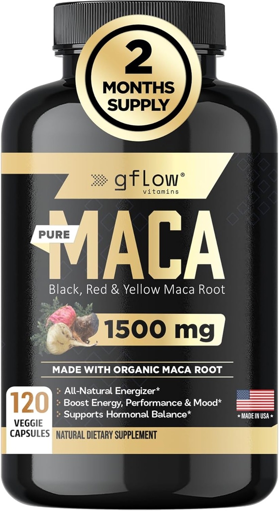 Βιολογικές κάψουλες ρίζας Maca για γυναίκες & άνδρες - Black, Red, Yellow Pervian Maca Root Extract & Black Pepper - 120 Vegan Pills - Υποστηρίζει την ενέργεια, την απόδοση & Mood 