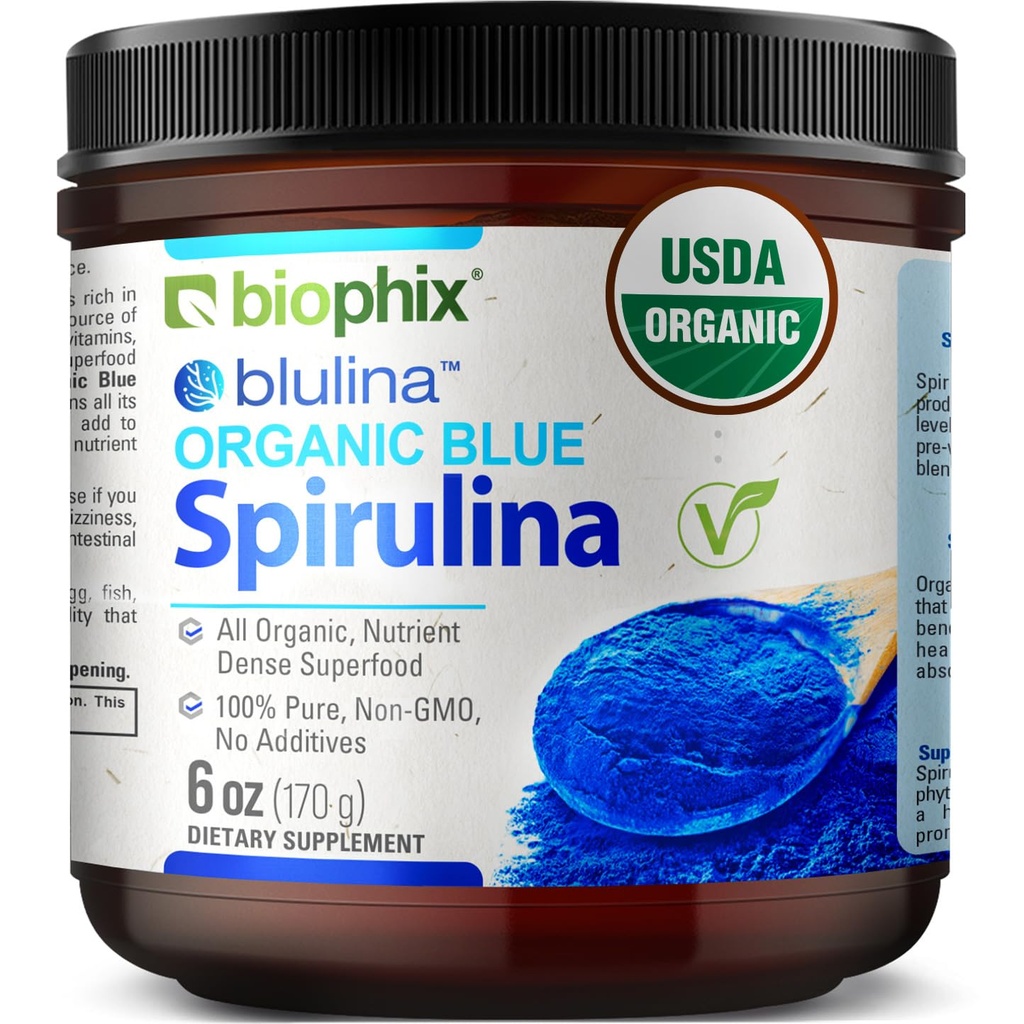 Biophix Blue Spirulina Toz Organik Blulina 6 oz - Algae Organik Spirulina Toz 170 Hizmet - Superfood Supplement - Natural Blue Pigment - Espirulina en Polvo Organika Pura Azulina