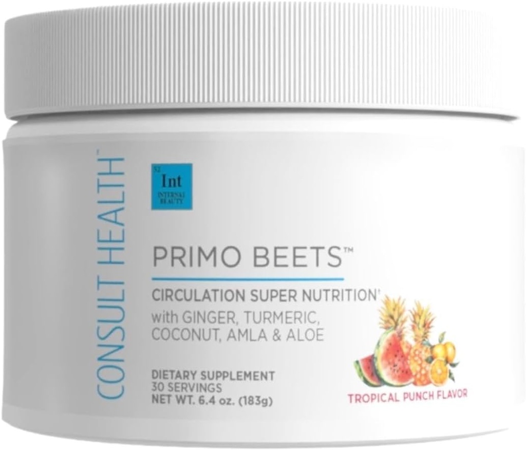 Συμβουλευτείτε την υγεία Primo Beets - Beet Root Powder Drink Mix with Electrolytes - Nitrates to Support Circulation - Energy Boost - Ginger & Turmeric - Άνδρες & Γυναίκες - Tropical Punch Γεύση - 30 Μερίδες