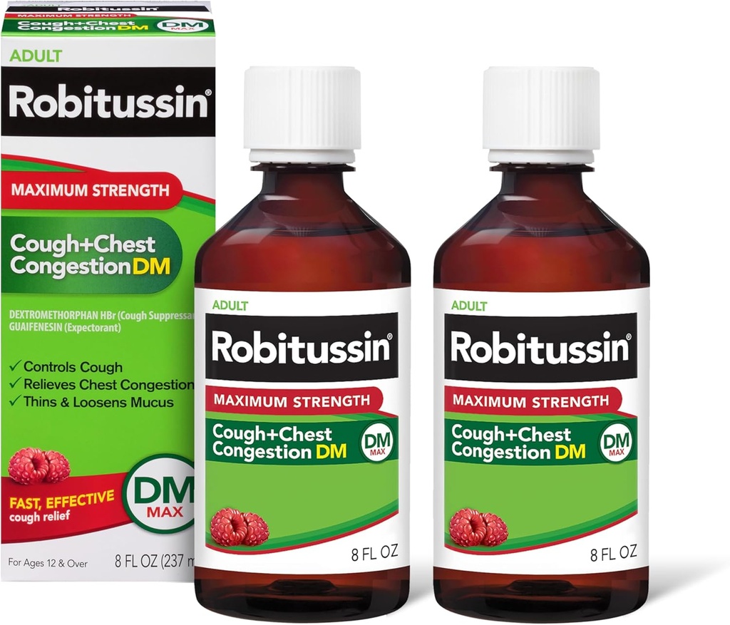 Robitussin Yetişkin En Güçlü Cough Plus Chest Congestion DM Max, Cough Suppressant ve Waitorant, Raspberry Flavor, 8 Fl Oz x 2