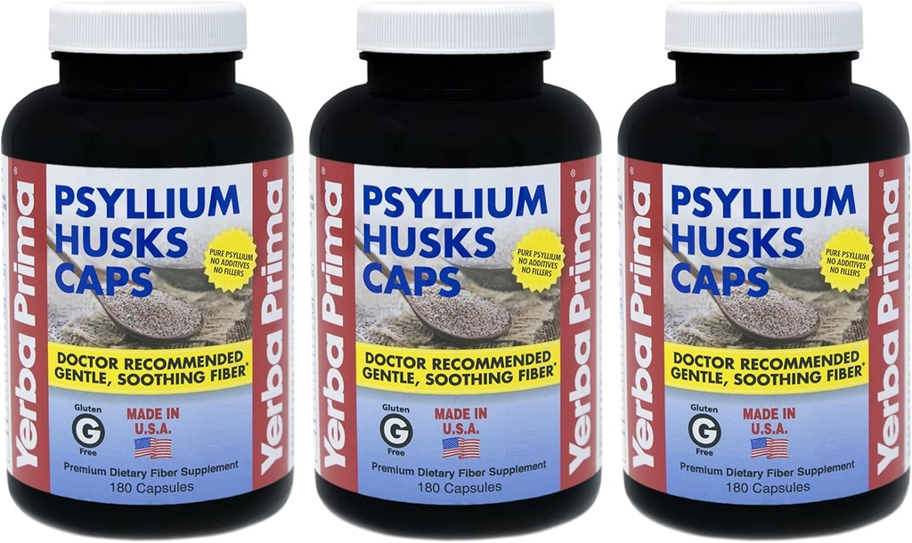 Yerba Prima Psyllium Husks Caps - 180 caps (Pack of 3) - Doğal Fiber Supplement - Kolon Temizleme - Non-GMO Gluten Ücretsiz