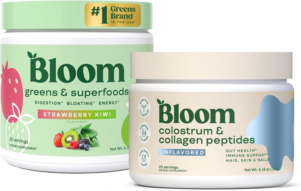 Bloom Beslenme Superfood Greens Toz, Probiyotikler ve Prebiyotikler, Gut Health, Bloating Relief, Strawberry Kiwi + Bovine Colostrum Toz | Pure %40 IgG Premium Colostrum