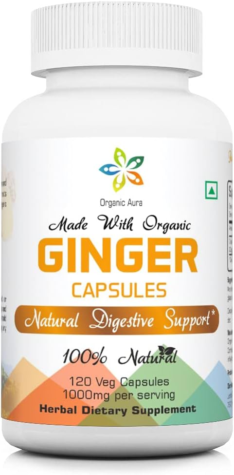 Βιολογικές κάψουλες Aura Ginger - 120 κάψουλες Veg. Φυσικά ενισχύει την πέψη, ανακούφιση στο στομάχι αναστατώνεται και βελτιώνει την ασυλία. Χωρίς ΓΤΟ και Χωρίς Γλουτένη.