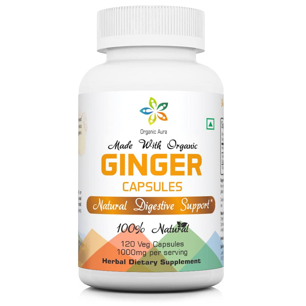 Organik Aura Ginger Capsules - 120 Veg Capsules. 2 Ay Supply. Doğal Boosts Digestion, Relief Stomach Upset ve Immunity'yi geliştirin. Hayır GMO ve Gluten Free.