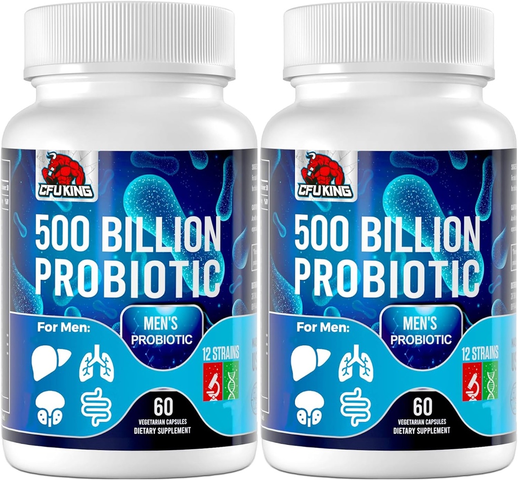 Erkekler için probiyotikler, 500 Milyar CFU & 12 Erkekler Digestive Health + 4 Organik Prebiyotik Fiber, Digestive, Gut, Immune Health, Bloating, Gas, Energy Support, Raf Stable - 120 Capsules