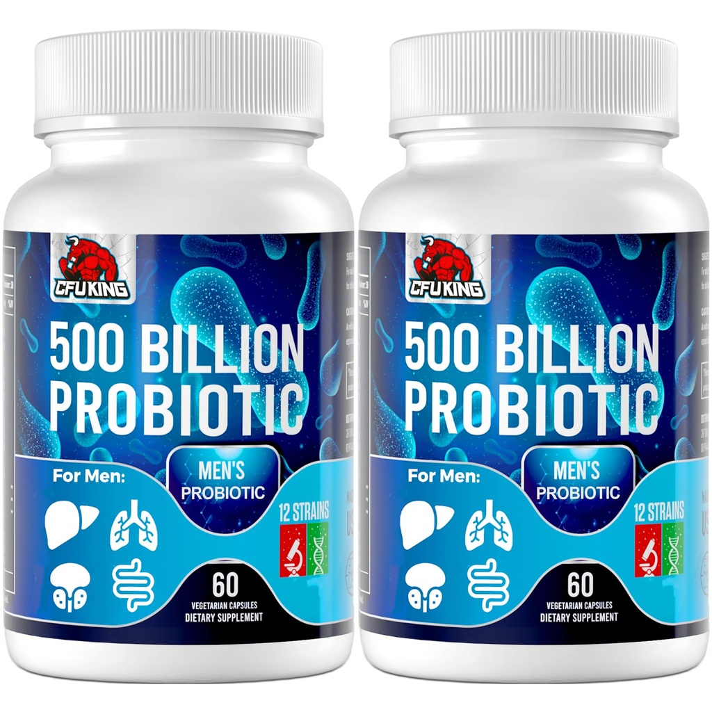 Erkekler için probiyotikler, 500 Milyar CFU & 12 Erkekler Digestive Health + 4 Organik Prebiyotik Fiber, Digestive, Gut, Immune Health, Bloating, Gas, Energy Support, Raf Stable - 120 Capsules
