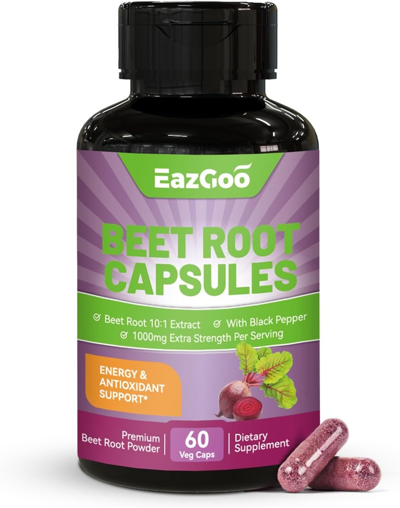 Beet Root Capsules 1000 mg Per Service, Supports Nitric Oksit Production & Blood Pressure, Black Pepper Extract, Non-GMO, Gluten Free, Vegan - 60 Counts