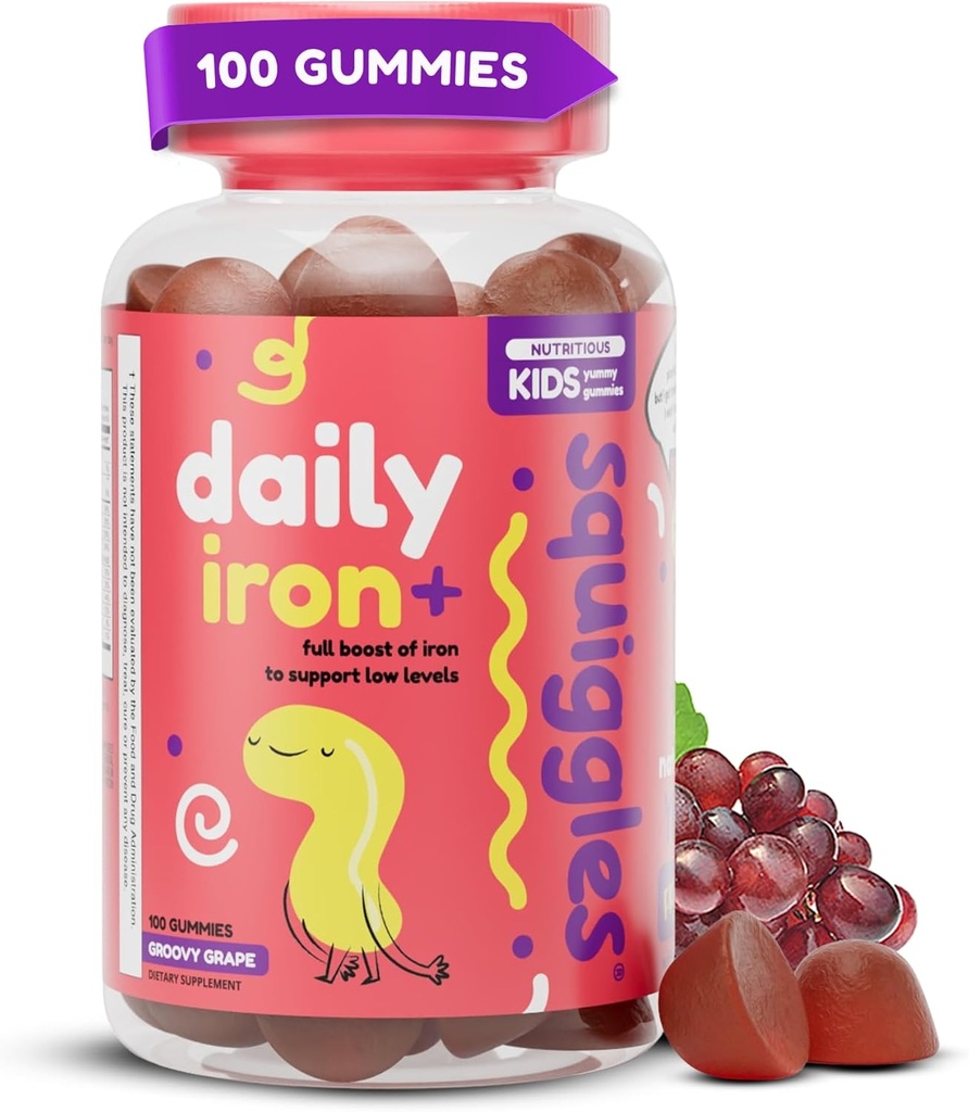 Squiggles Kids Daily Iron+ Gummies - Çocuklar için Demir, Multivitamin, Low Sugar, Vegan, Toddler Gummies, Yummy Grape Flavor (100 Count)