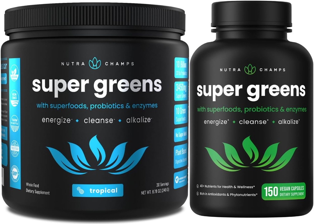 NutraChamps Tropical Super Greens σκόνη & Σούπερ Πράσινες κάψουλες