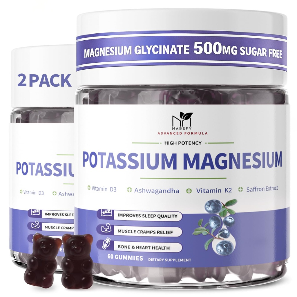 2 Συσκευασία Κάλιο Μαγνήσιο Gummies, Ζάχαρη-ελεύθερο Κάλιο Gummies με Μαγνήσιο Γλυκινικό 500mg Μασώμενα Συμπληρώματα Μαγνησίου Κάλιο με ασβέστιο, ψευδάργυρο, βιταμίνη για το πόδι Cramps & Μύες
