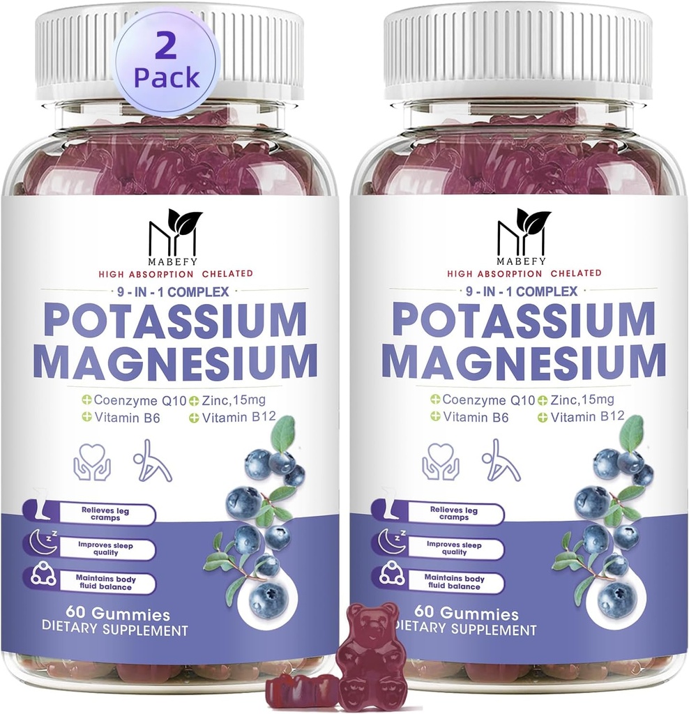 2 Pack Potassium Magnesium Gummies, Sugar-Free Potassium Gummies with Magnesium Glycinate 500mg Chewable Magnesium Potassium Supplements with Calcium, Zinc, Vitamin for Leg Cramps & Muscle