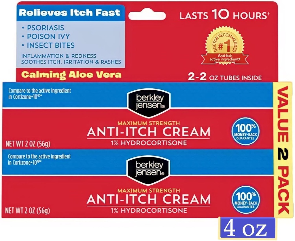 Berkley Jensen en güçlü Anti-Itch Cream (4 oz.), Calming Aloe Vera ile, Eczema için 1 Hydrocortisone Itch Relief for Eczema, Psoriasis, Bug Bites, Zehir Ivy, Oak ve Sumac, 2 oz. Tube (Pack of 2)