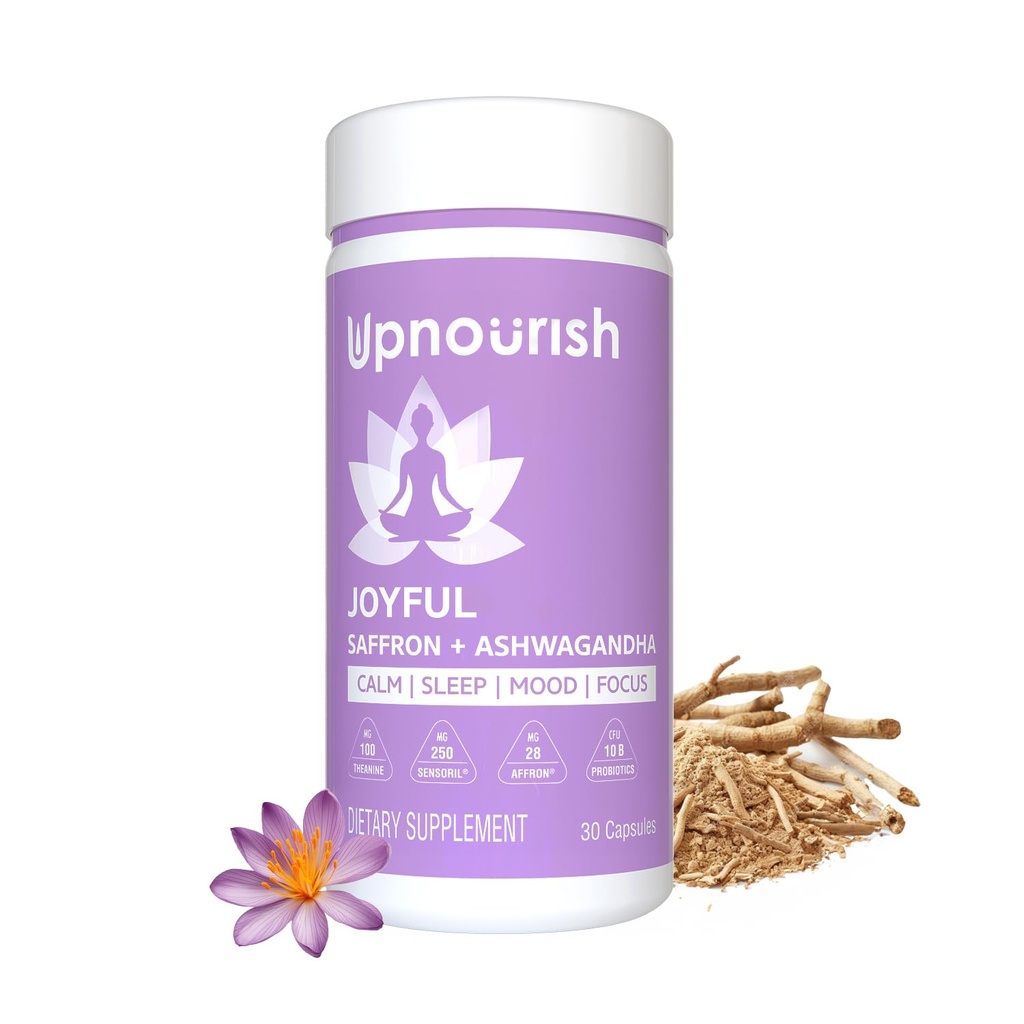 UpNourish Organic Ashwagandha Saffron Supplements with Probiyotiks - Stres Yardımı, Mood Advancedr, Calm Happy Pills Support Fatigue Focus Clarity with L-Theanine, Rhodiola, 30 Vegan Capsules