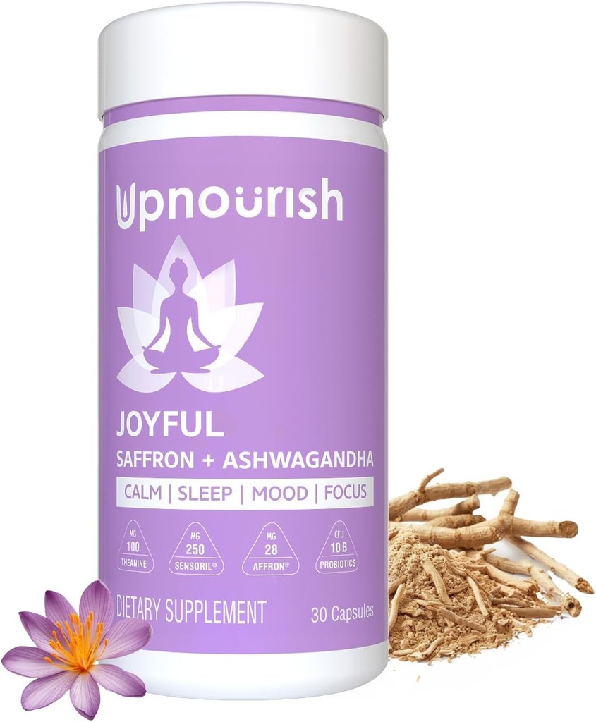 UpNourish Organic Ashwagandha Saffron Supplements with Probiyotiks - Stres Yardımı, Mood Advancedr, Calm Happy Pills Support Fatigue Focus Clarity with L-Theanine, Rhodiola, 30 Vegan Capsules