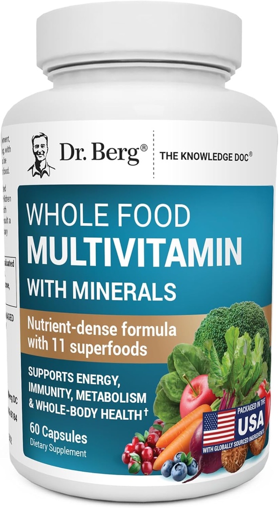 Dr. Berg Whole Food Multivitamin with Minerals - Daily Multivitamin for Men and Women - Folate, Alpha-lipoic Acid ve More - 60 Capsules - Daily Multivitamin for Men and Women - The Premium Whole Foods and Sebze Mix with Folate, Alpha-lipoic Acid and More - 60 Capsules
