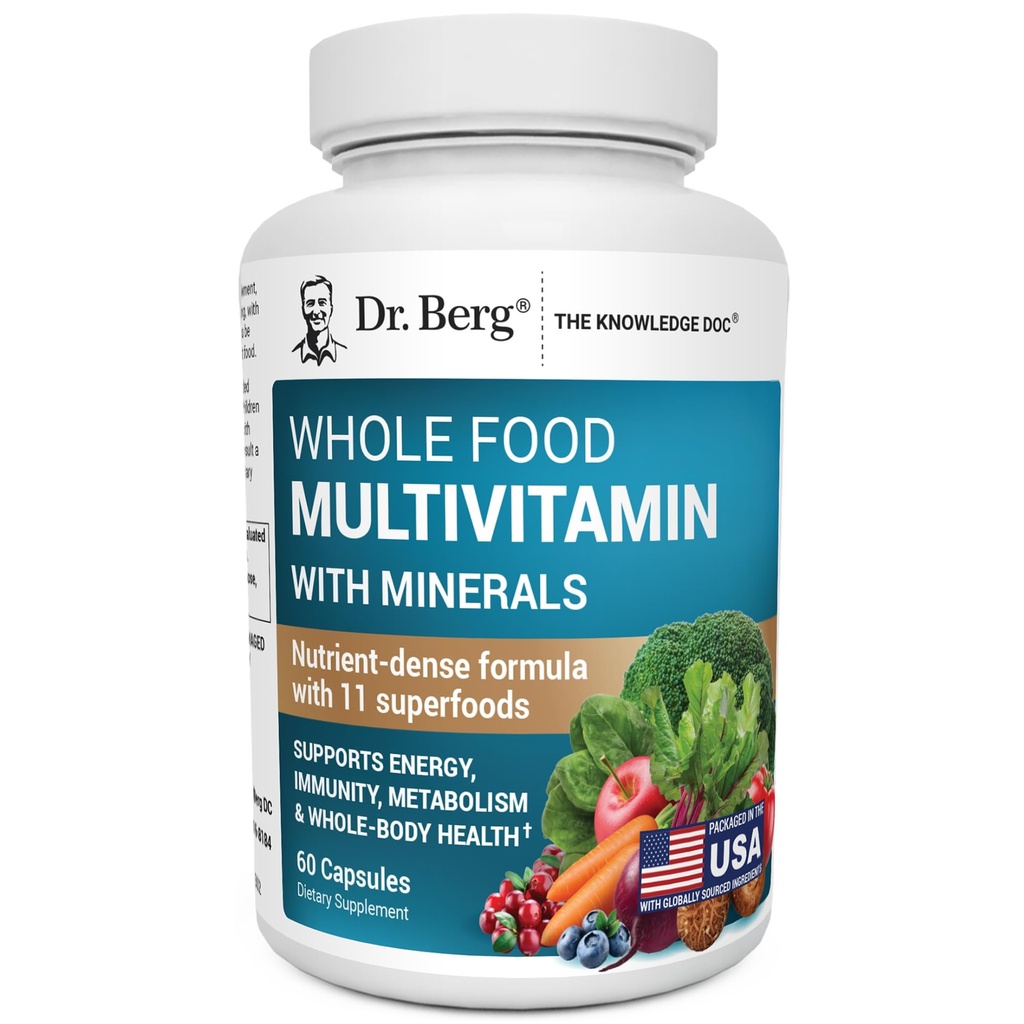 Dr. Berg Whole Food Multivitamin with Minerals - Daily Multivitamin for Men and Women - Folate, Alpha-lipoic Acid ve More - 60 Capsules - Daily Multivitamin for Men and Women - The Premium Whole Foods and Sebze Mix with Folate, Alpha-lipoic Acid and More - 60 Capsules