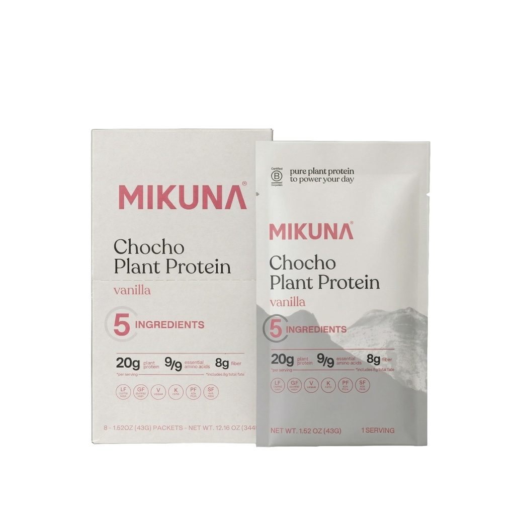 Mikuna Chocho Superfood Protein, Plant-based Protein Powder, Travel Packs - Vegan, Gluten Free, 3g Net Carbs ή λιγότερο, και Bioδιαθέσιμη, Μη-Isolate (8 εξυπηρετούν, Vanilla)