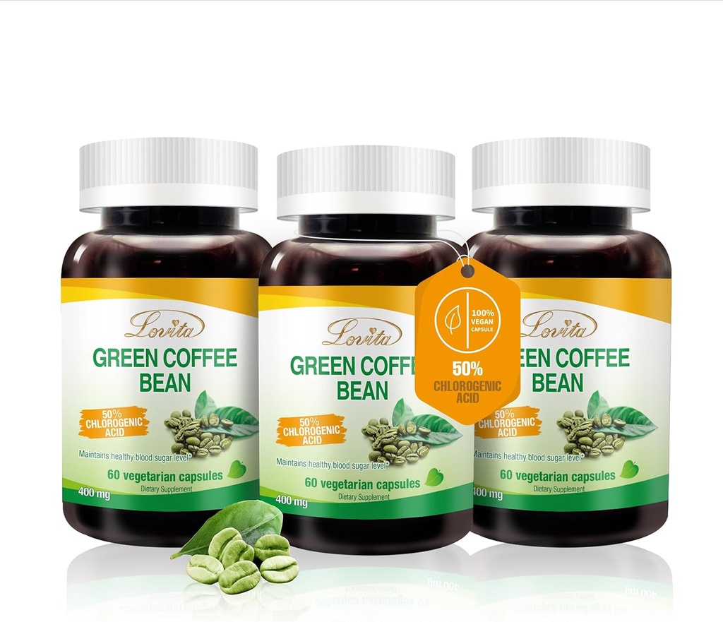 Lovita Green Coffee Bean Extract, Metabolism, Enerji ve Kilo Yönetimi için% 50, günde 800 mg, Vegan, Non-GMO, Gluten-Free, Natural Antioksi Supplement, 180 Capsules