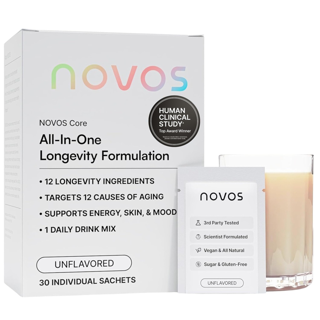 NOVOS Core Longevity Mix, Συμπλήρωμα κατά της γήρανσης, Πακέτο σκόνης ποτών Άγευστη - Υποστήριξη του δέρματος, ενέργεια, υποστήριξη Mood, Sleep and Cognition Υποστήριξη - 30 Υπηρεσίες