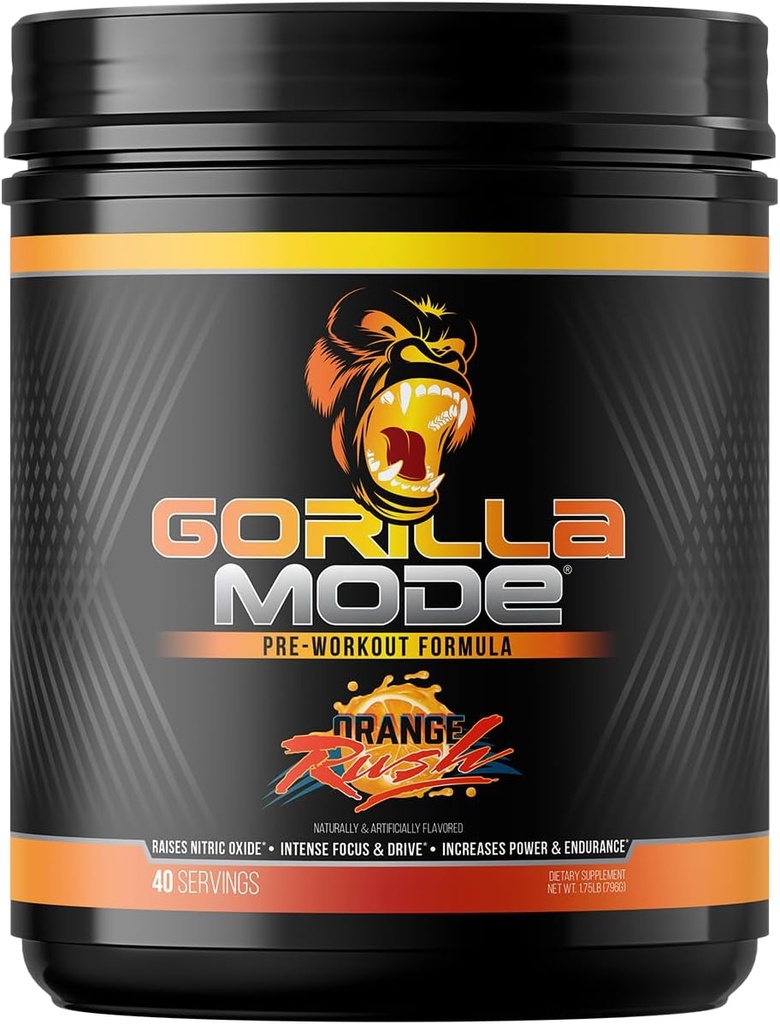Gorilla Mind Pre Workout - Massive Pumps Laser Focus Energy Power - L-Citrulline, Kretine, L-Tyrosine, Betaine, Hydroprime, Alpha-GPC, 400 mg Caffeine, Huperzine A - 796g (Orange Rush)